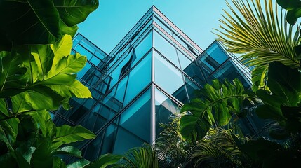 Canvas Print - contemporary tall building with glass windows surrounded by plants 