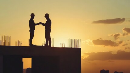 Canvas Print - Silhouette of two construction workers working on top of a building at sunset and shaking their hand 