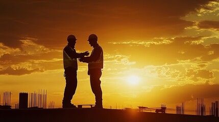 Wall Mural - Silhouette of two construction workers working on top of a building at sunset and shaking their hand  