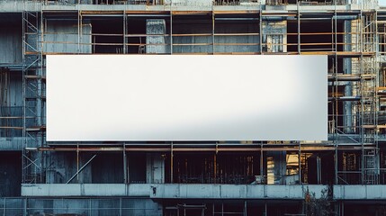 Canvas Print - Long blank hoarding with space for advert mockup on construction site under unfinished building with scaffold  