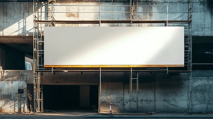 Canvas Print - Long blank hoarding with space for advert mockup on construction site under unfinished building with scaffold 