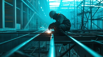 Poster - Environmental construction, A worker welding Environmental Steel components in green construction project., High Resolution Image 