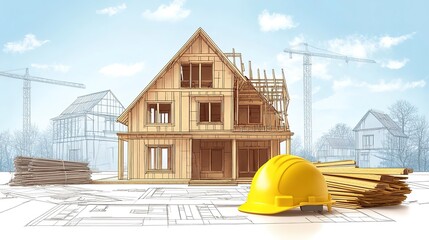 Poster - Construction house. Repair work. Drawings for building and yellow helmet on the background of a construction site 