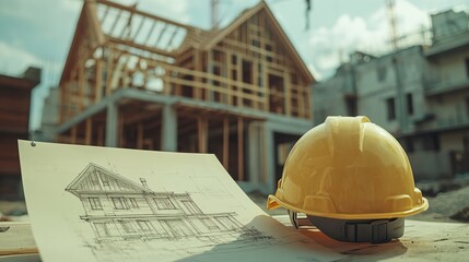 Poster - construction house. repair work. drawings for building and yellow helmet on the background of a cons