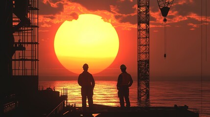 Canvas Print - two foreman construction look crane with sunset view 