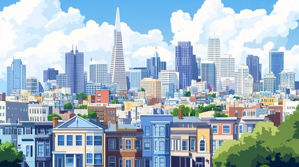 Sticker - Panoramic view of a city skyline with varied building heights and architectural styles, vector illustration art  