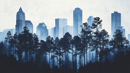 Canvas Print - Silhouette of a city skyline with iconic buildings and tall trees in a monochromatic blue forest scene, blending urban and natural elements 