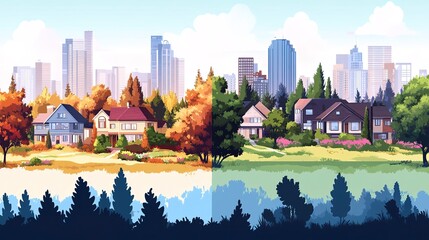 Sticker - Urban and nature landscape. Modern city buildings, suburban houses and wild forest vector illustration. Contemporary metropolis with skyscrapers, suburbs with cottages and woods panorama