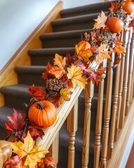 Canvas Print - Autumn home decorations with handrails and wooden staircase railings adorned with festive leaves and pumpkins