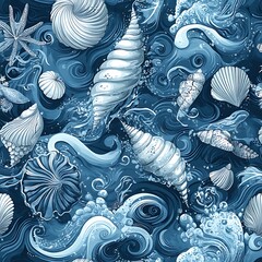 Sticker - A vibrant underwater scene featuring various seashells, waves, and marine elements in shades of blue.