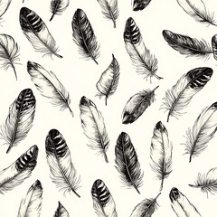 Canvas Print - A pattern featuring intricately drawn feathers in black and white on a light background.