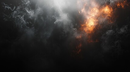 abstract dark background with swirling smoke and fire effects.