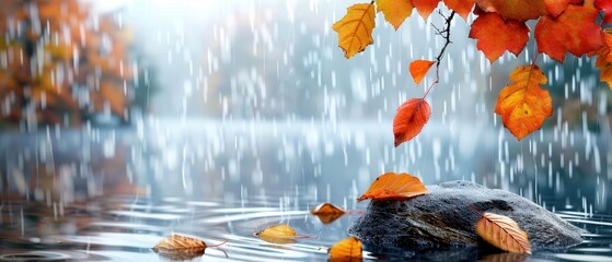 Wall Mural - captivating scene of autumn leaves resting on a stone in the rain, creating a serene reflection on t