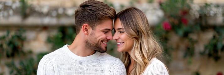 A happy couple sharing a tender moment outdoors amidst greenery, showcasing love and connection.