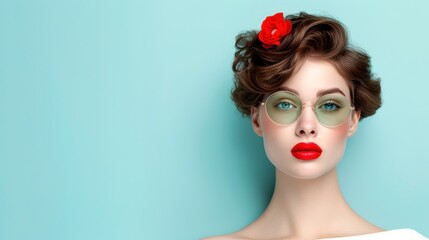 A fashionable woman with vintage hairstyle, green sunglasses, and red lipstick, set against a teal background.