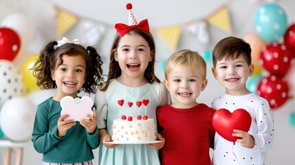 Four cheerful children celebrating together with cake and festive decorations.