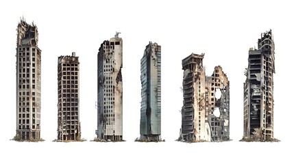 Sticker - A series of dilapidated skyscrapers showcasing urban decay and destruction.