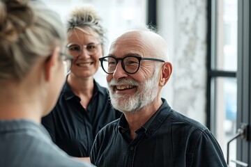 Wall Mural - Smiling senior couple looking at each other in office. Mature man with eyeglasses.