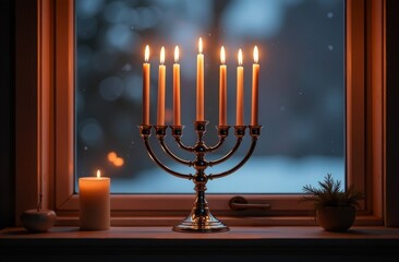 Wall Mural - A menorah with lit candles glowing warmly in a window during a cold winter evening, creating a serene and festive atmosphere