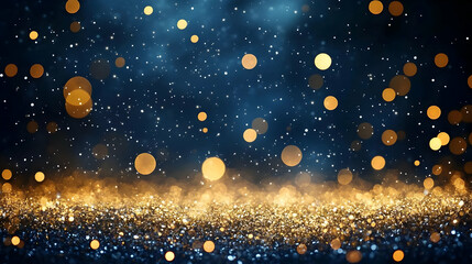 A shimmering background of golden and blue bokeh lights.