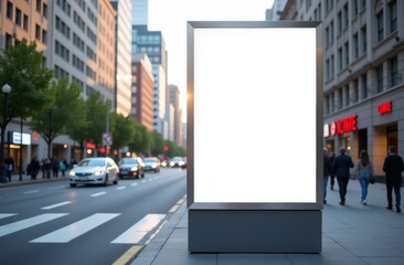 urban setting with a large blank billboard at dusk surrounded by city buildings and pedestrians on a