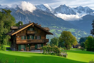 Sticker - A picturesque wooden chalet surrounded by lush greenery and majestic mountains under a clear sky.