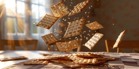 Matzo, unleavened bread, flying in sunlight, spiritual symbol for Passover, celebrating freedom and tradition, holiday seder, Passover celebration concept