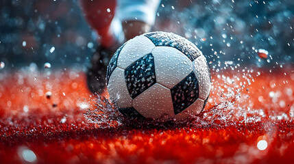 Wall Mural - A soccer ball splashes through water on a vibrant field.