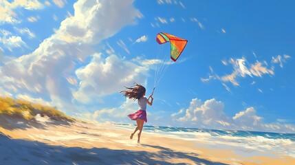 Poster - A Young Woman Flies a Kite on a Sunny Beach.