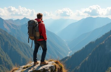 Wall Mural - a hiker in a red jacket admires the mountain view from a rocky outcrop during a sunny afternoon hike