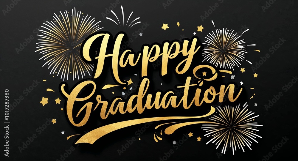 happy graduation calligraphic gold lettering with fireworks on plain ...