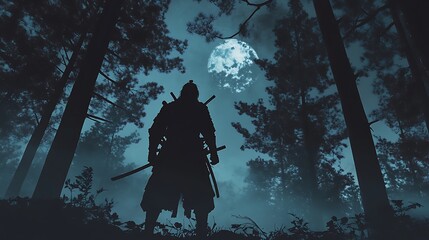 Poster - A silhouetted figure of a samurai stands in a misty forest under a full moon, evoking a sense of mystery and adventure.