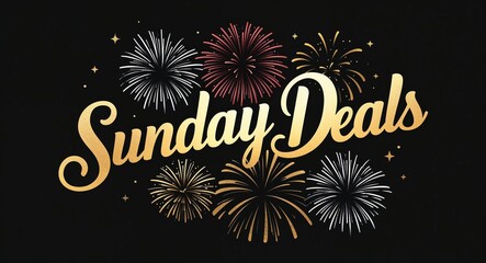 Sunday deals calligraphic gold lettering with fireworks on plain black background