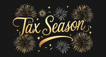 tax season calligraphic gold lettering with fireworks on plain black background