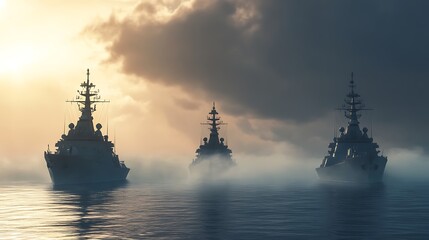 Canvas Print - Three naval ships navigating through misty waters at sunrise.