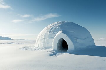 Sticker - A solitary igloo made of snow stands against a clear blue sky in a vast snowy landscape.