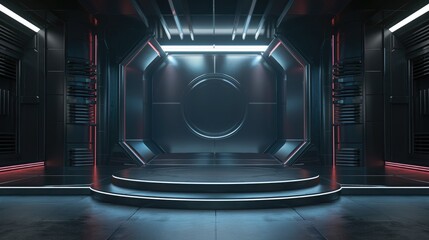 Futuristic Sci-Fi Room with Circular Platform and Neon Lights