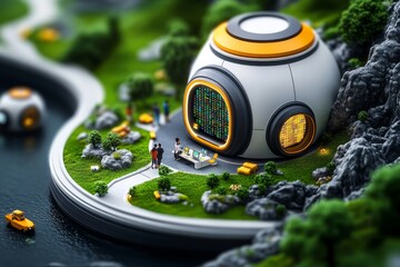 Futuristic design of a rural tech hub where villagers are working on coding and robotics, symbolizing the expansion of rural employment into digital industries