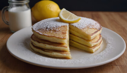 Wall Mural - lemon pancakes with powdered sugar on a plate