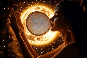 Wall Mural - Fantasy scene of a woman looking through a magical sieve at an enchanted moon, with sparkles and light flowing around her, symbolizing the mystical essence of Karva Chauth