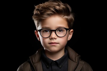 Portrait of a cute little boy in glasses on a black background.