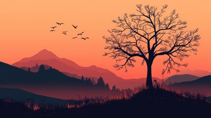 Silhouette of a Tree in a Mountainous Landscape at Sunset