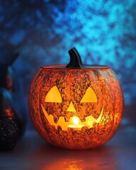 Wall Mural - halloween pumpkin and candle holder illuminated by orange light