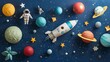 © musa - Paper craft rocket, planets and astronaut in outer space on blue starry background.