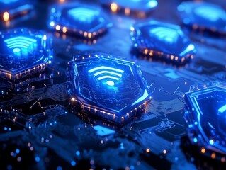 Canvas Print - Cybersecurity measures safeguarding 5G networks from hacking attempts, with glowing shields representing the security of high-speed connections.