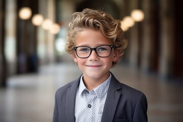 Portrait of a cute little boy in a business suit and glasses