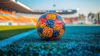 Wall Mural - A vibrant soccer ball resting on the field's edge in a stadium.