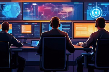 Canvas Print - Digital security experts investigating cybercrime, with security alerts and blocked attacks displayed on multiple monitors.