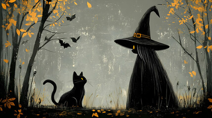 A witch in a hat gazes at a black cat in a whimsical forest.