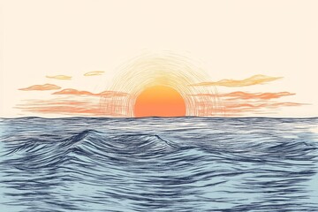 Poster - A drawing of a sun setting over the ocean